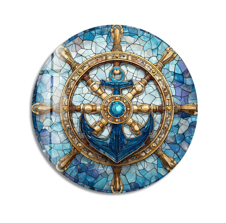 Nautical Helm & Anchor – Round Glass Wall Art