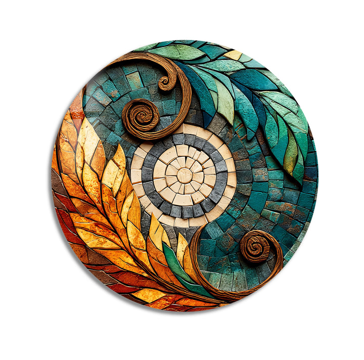 Solar Leaf Harmony – Round Glass Wall Art