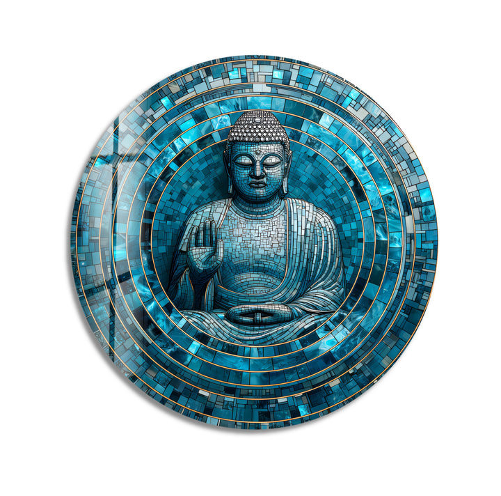 Tranquil Mosaic Buddha – Round Glass Wall Art