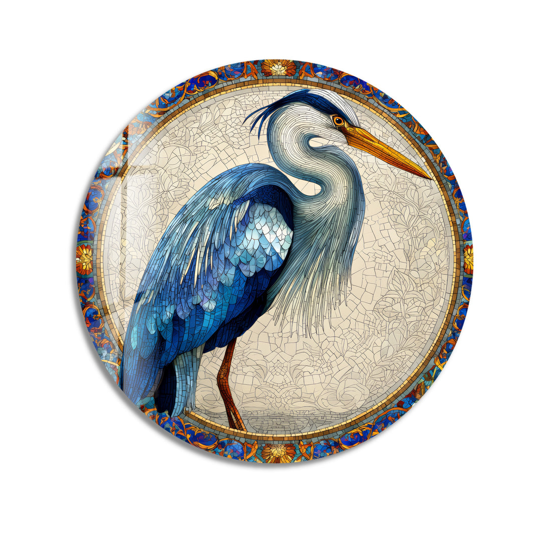 Regal Blue Heron – Round Glass Wall Art