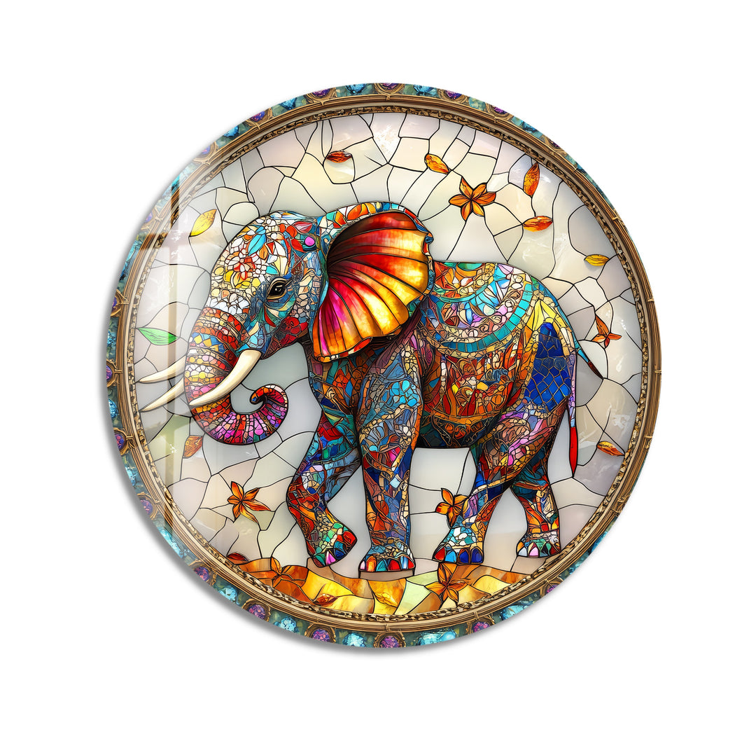 Majestic Mosaic Elephant – Round Glass Wall Art