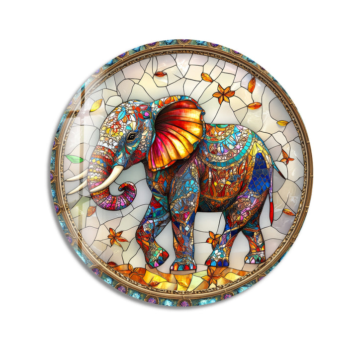 Majestic Mosaic Elephant – Round Glass Wall Art
