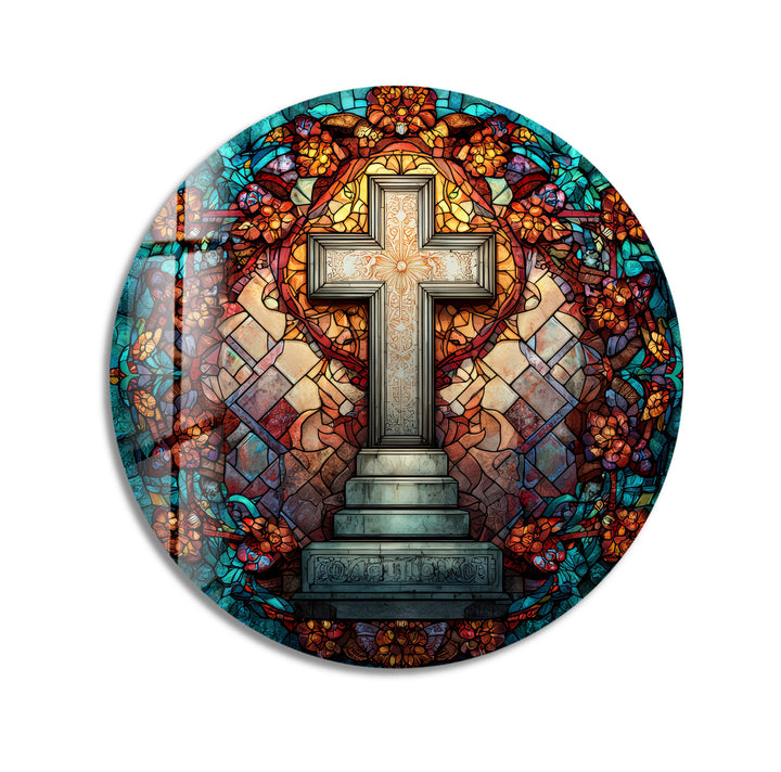 Golden Petal Harmony – Round Glass Wall Art