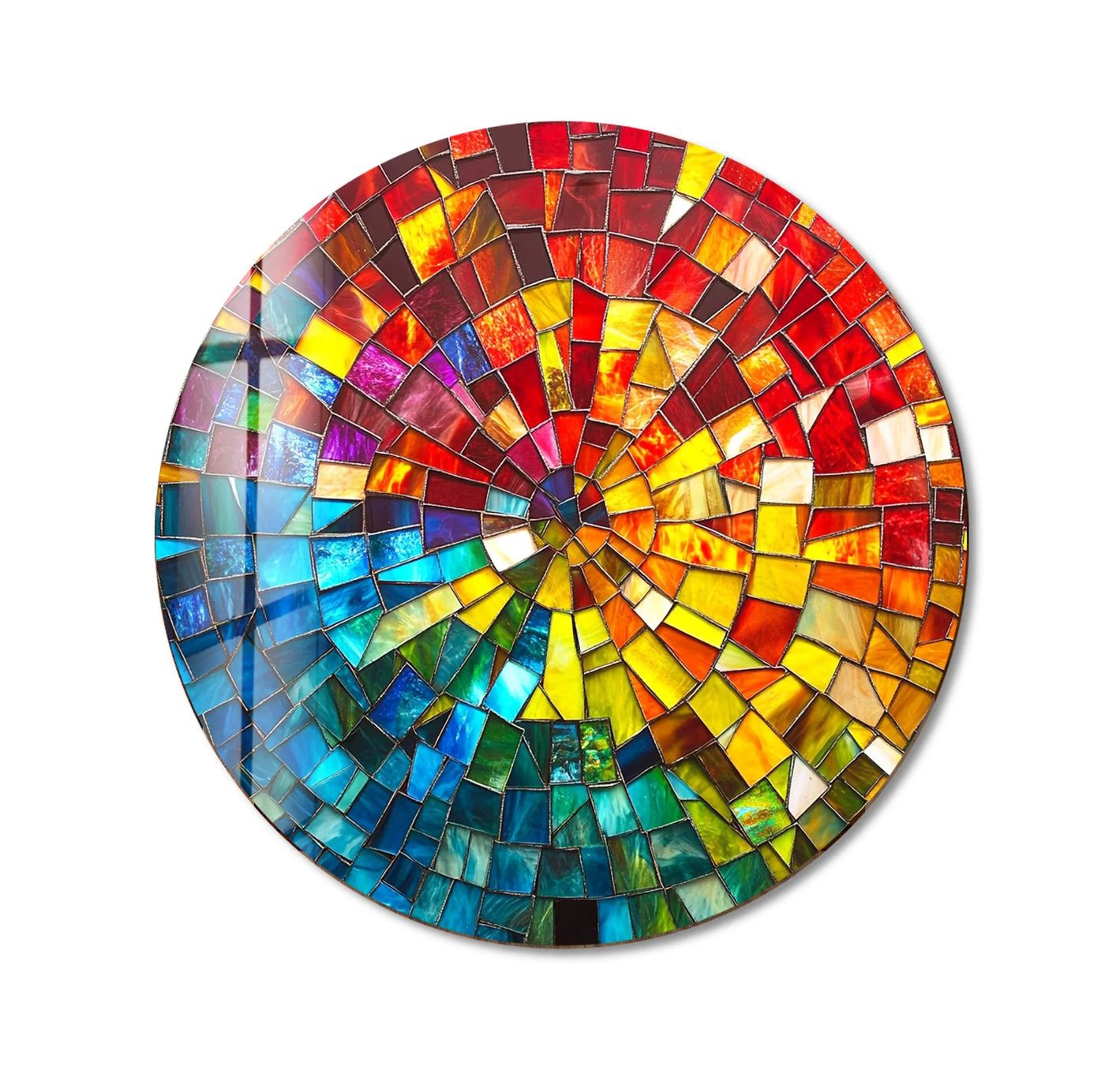 Foreground details reveal radiant, colorful tesserae forming a spiral mosaic in this round glass wall art decor piece.