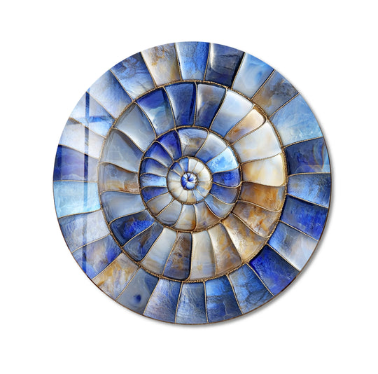 The background emphasizes the swirling pattern of the coastal blue and sand round glass art painting, with its mosaic of cool and warm hues.