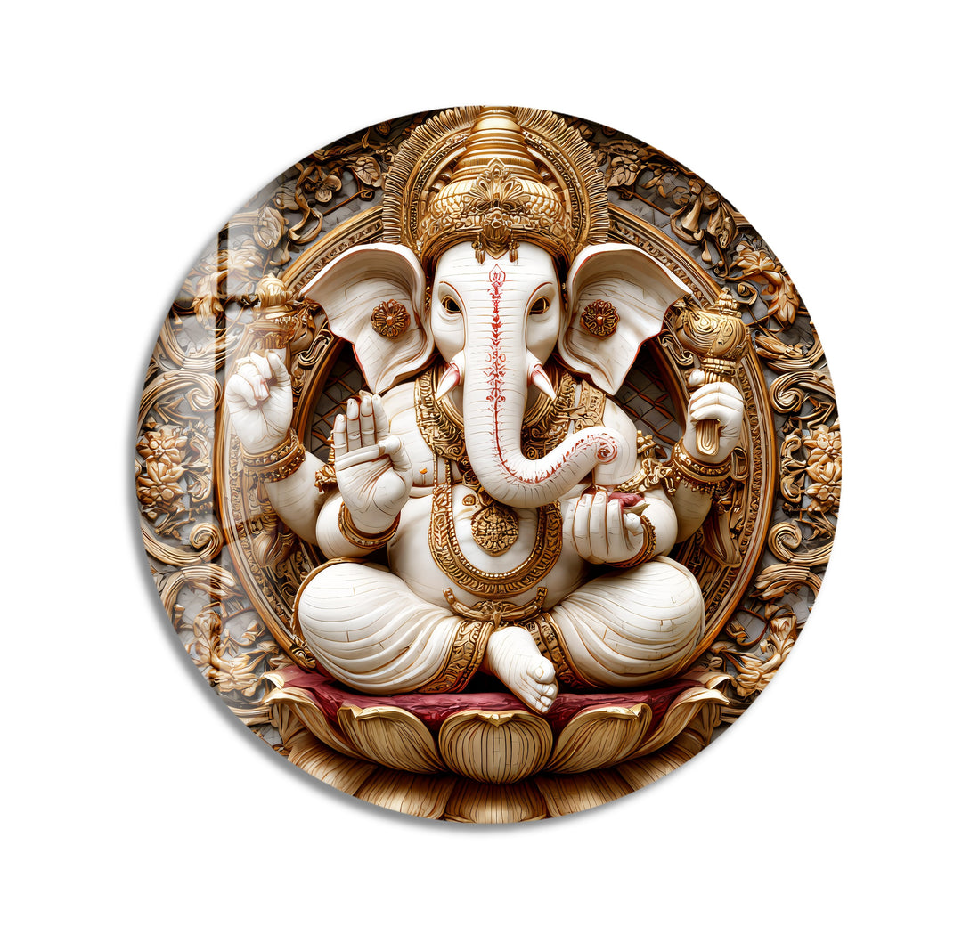 Golden Ganesha Serenity – Round Glass Wall Art