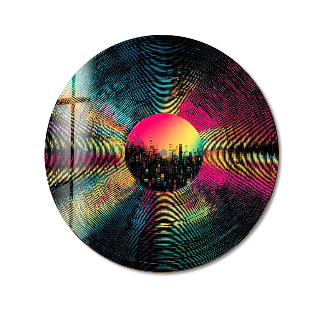 Neon Vinyl Cityscape – Round Glass Wall Art - MyPhotoStation