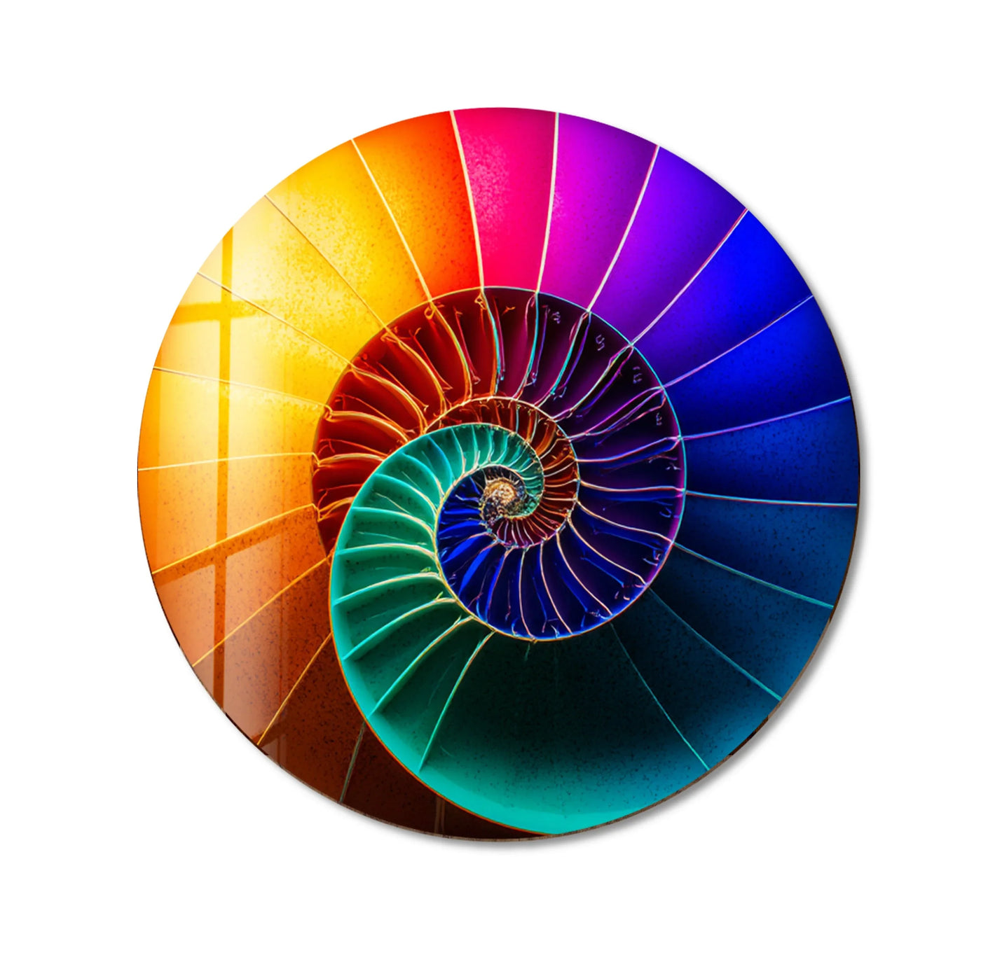 Illuminating from within, the loudest element defines the Cosmic Spiral Shell Design round glass wall art, a vibrant home decor piece embodying growth and expanding consciousness.