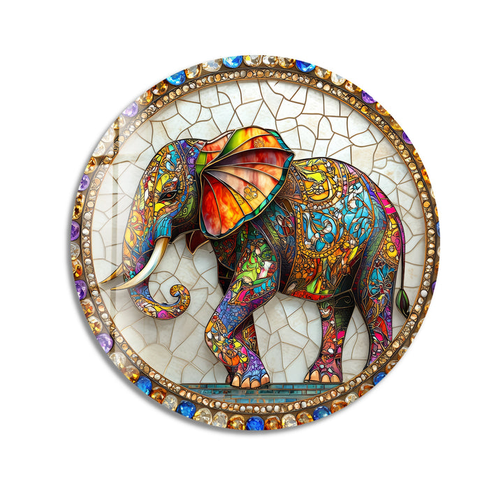 Regal Mosaic Elephant – Round Glass Wall Art