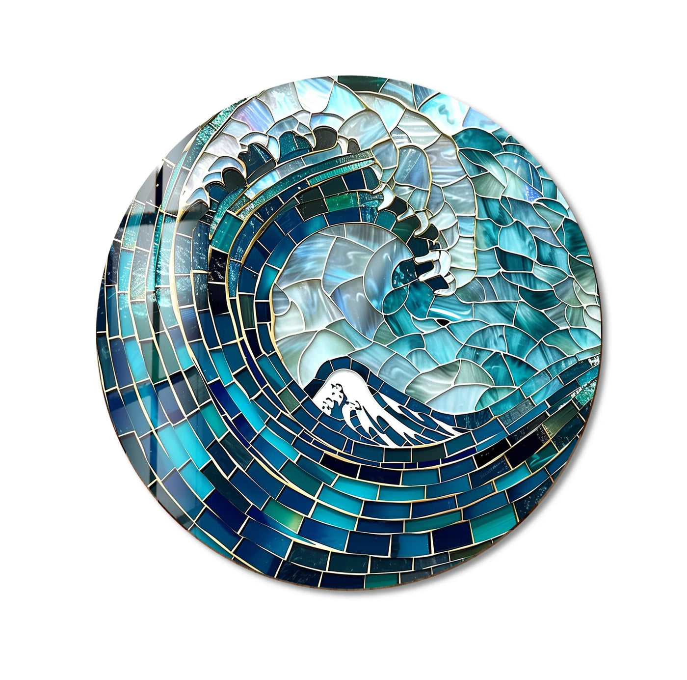 Turquoise hues and a white crest define the loudest part of this deep sea wave mosaic round glass wall art, a striking print wall art piece.