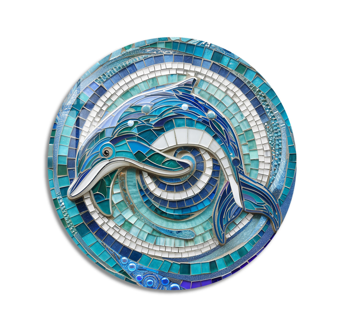Ocean Harmony – Dolphin Mosaic Round Glass Wall Art