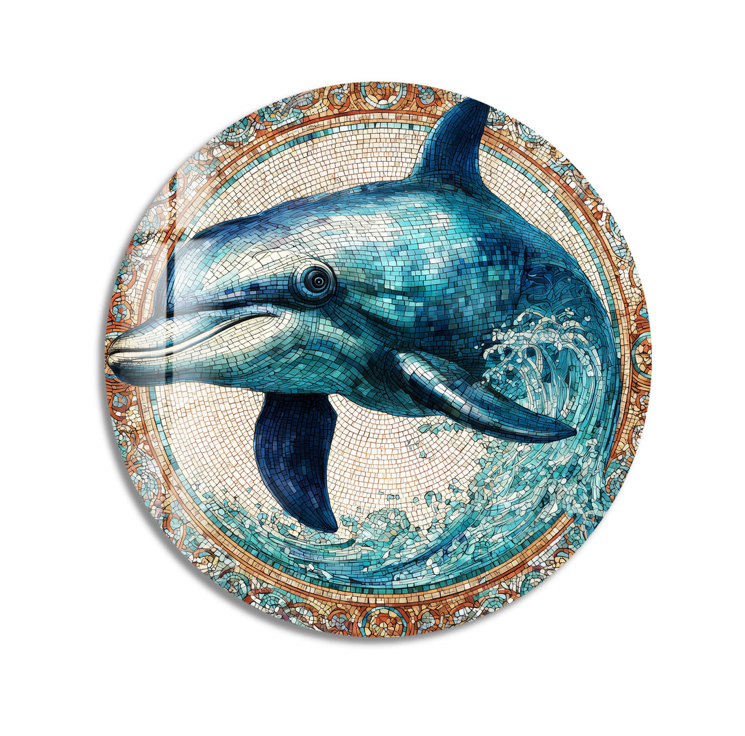 Cerulean Joy Dolphin – Round Glass Wall Art