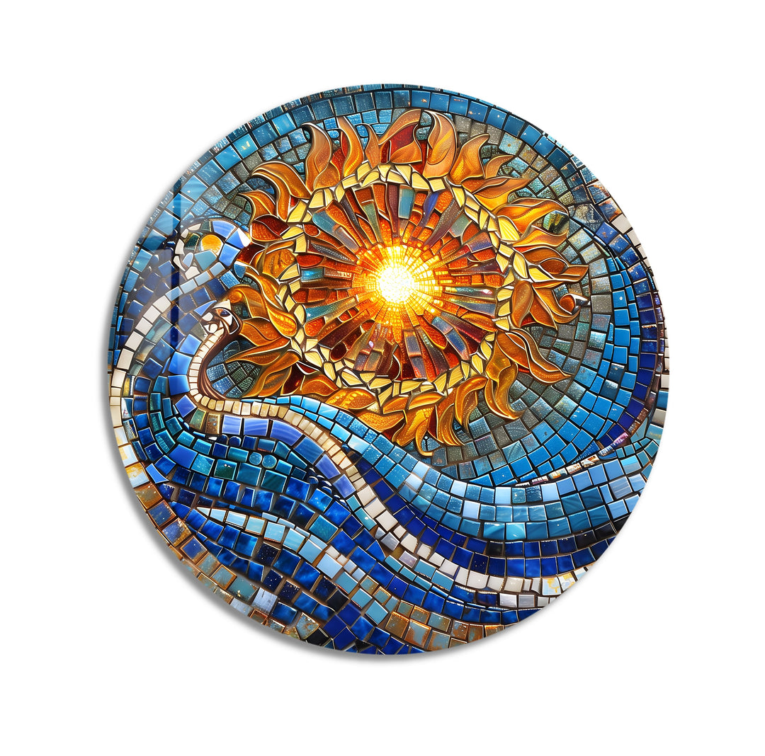 Solar Flow – Blue and Gold Mosaic Round Glass Wall Art