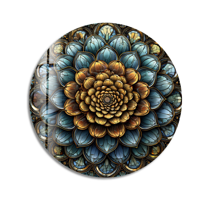 Golden Mandala Bloom – Round Glass Wall Art