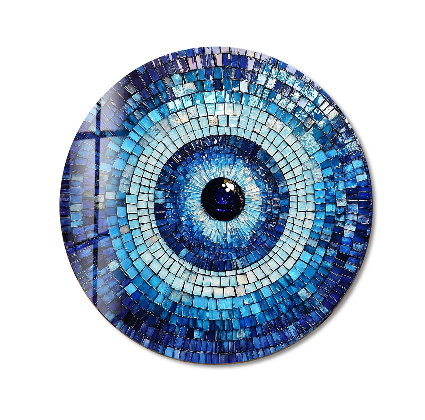 Geometric arrangement of blue mosaic tiles create this stunning art from glass wall art, with a central, circular dark blue focal point.