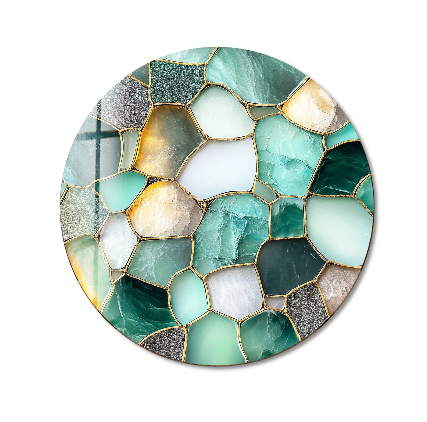 Oriented as a circular design, this green stone mosaic round glass wall artwork presents a unique shape with artistic flair.