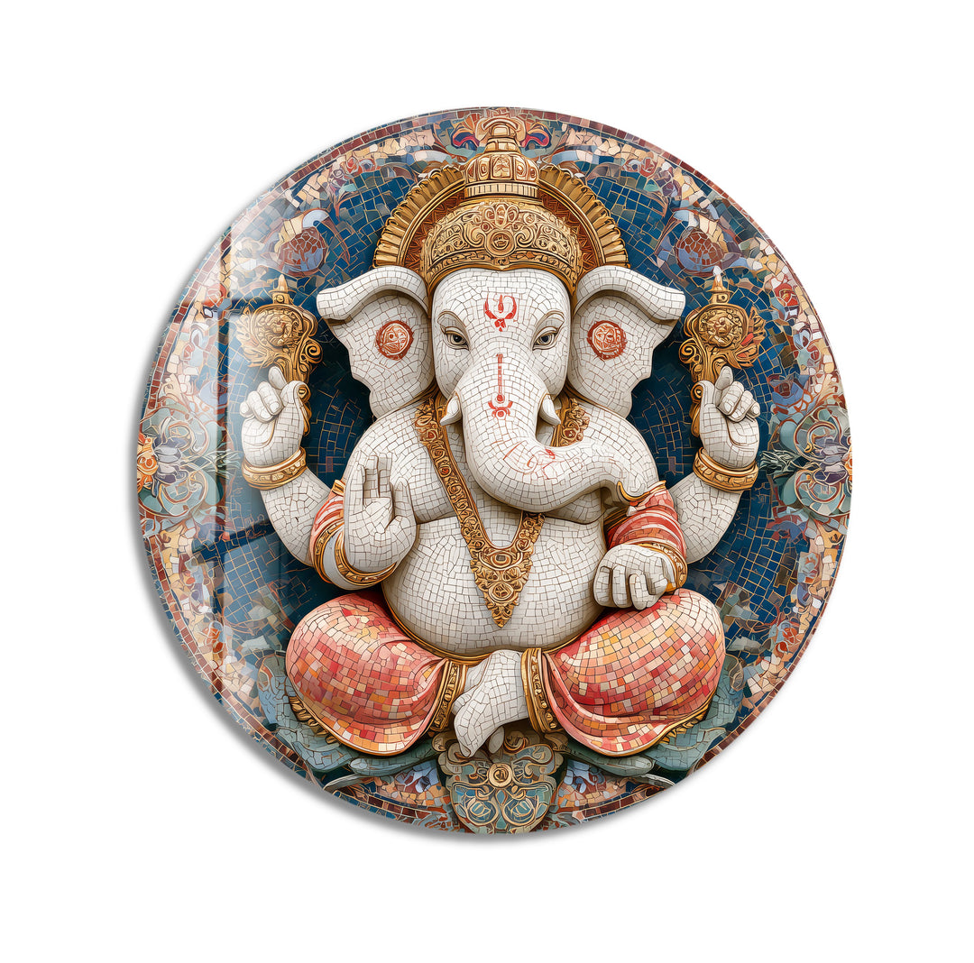 Divine Lotus Ganesha – Round Glass Wall Art