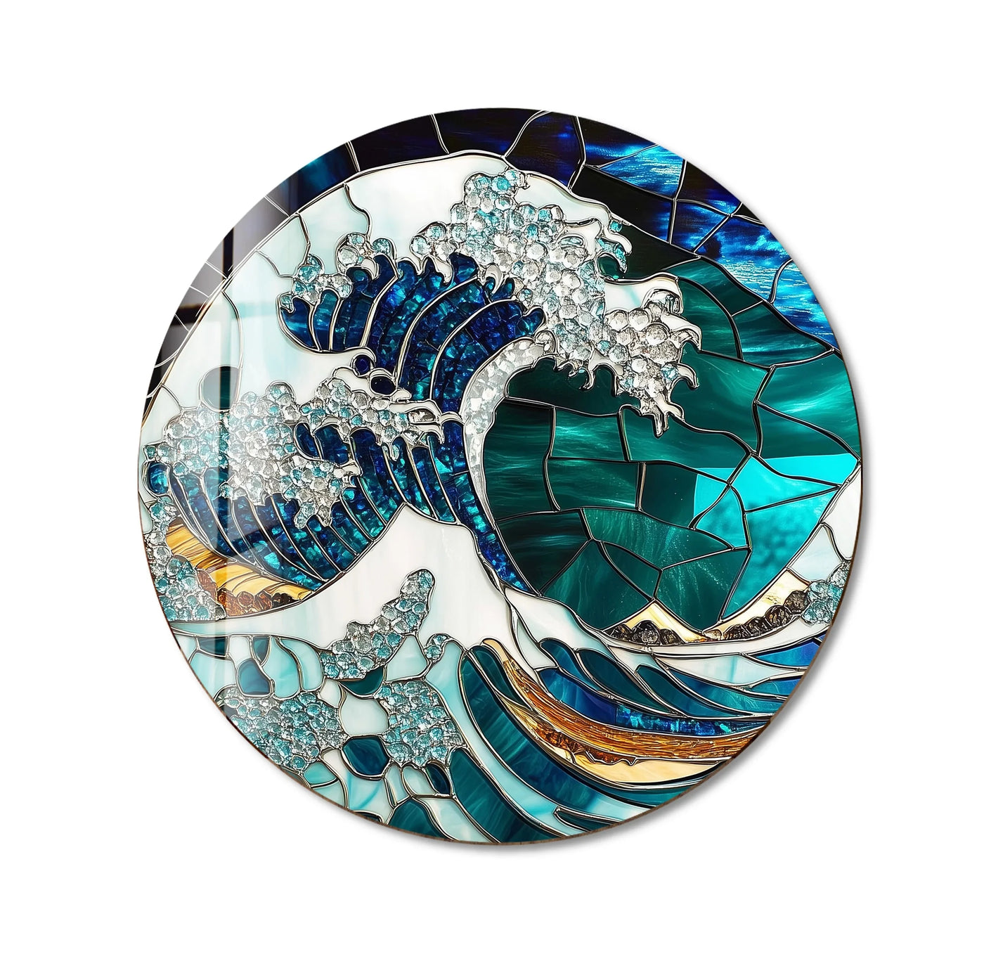 Displaying the abstract quality, the Crystal Wave Mosaic Round Glass Wall Art offers an alluring interpretation of marine movement with its mesmerizing best glass art design.
