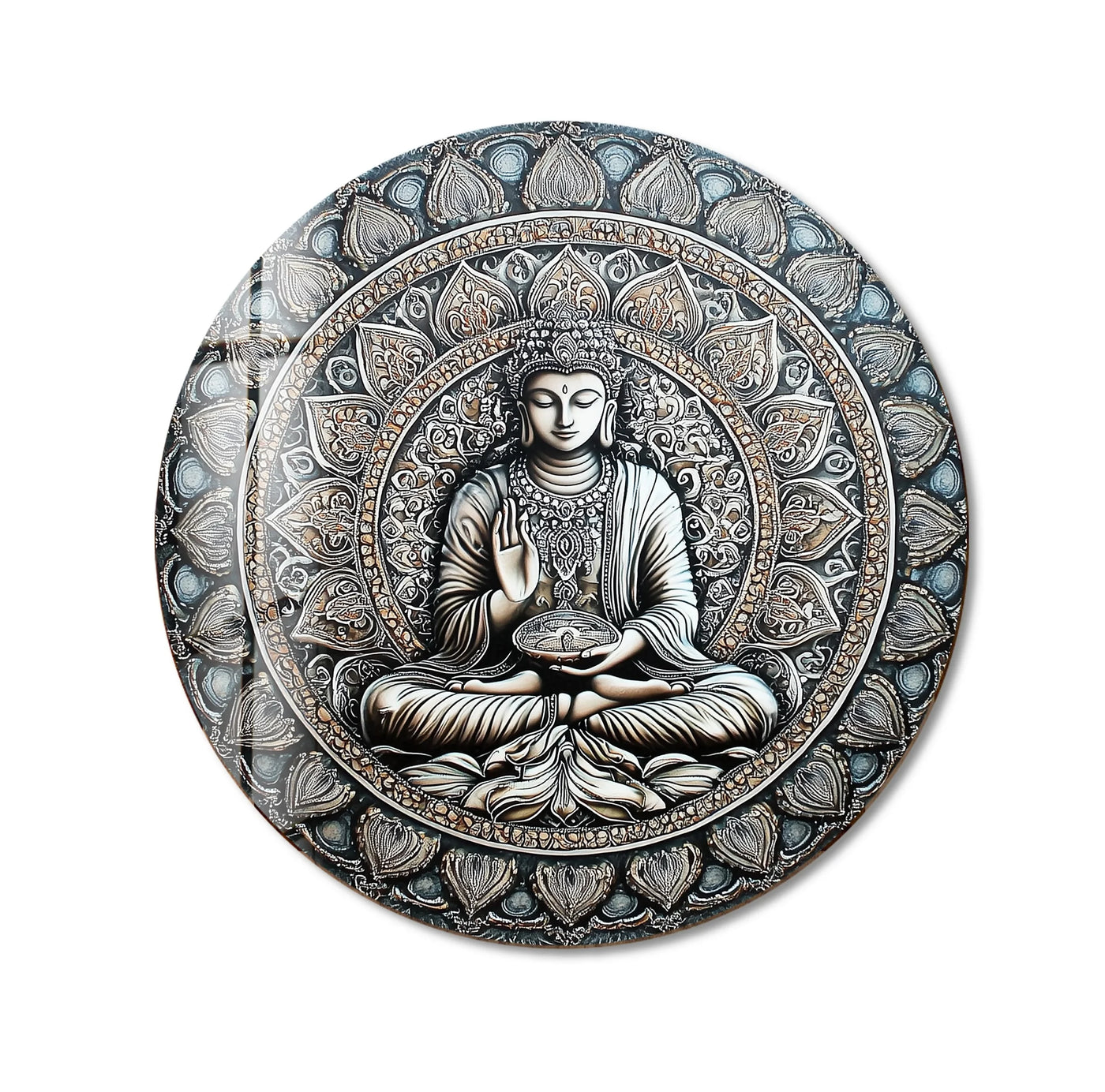 Highlighting the geometric elements, the Mandala Buddha round art from glass showcases an intricate circular design around the central figure in calming detail.