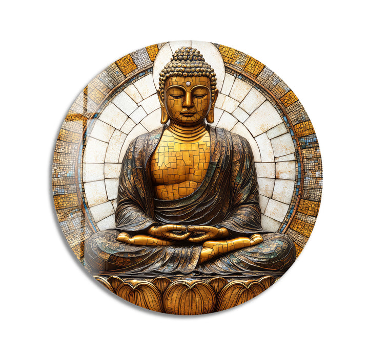Golden Buddha Mosaic Serenity – Round Glass Wall Art