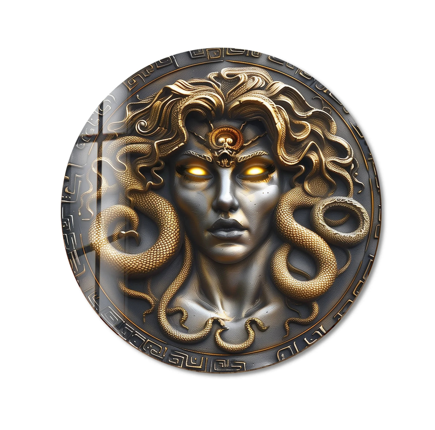 Vibrant color saturation enhances the dramatic Medusa Gaze mythological round tempered glass wall art, emphasizing the golden snakes and glowing eyes of this bold design.