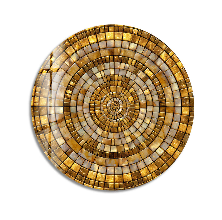 Golden Shimmering Mosaic – Round Glass Wall Art
