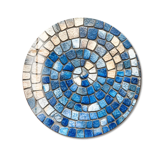 Subtle gradations of light and shadow define the mosaic pieces within this round glass wall art, composing a unique modern wall decor piece with an ocean spiral design.