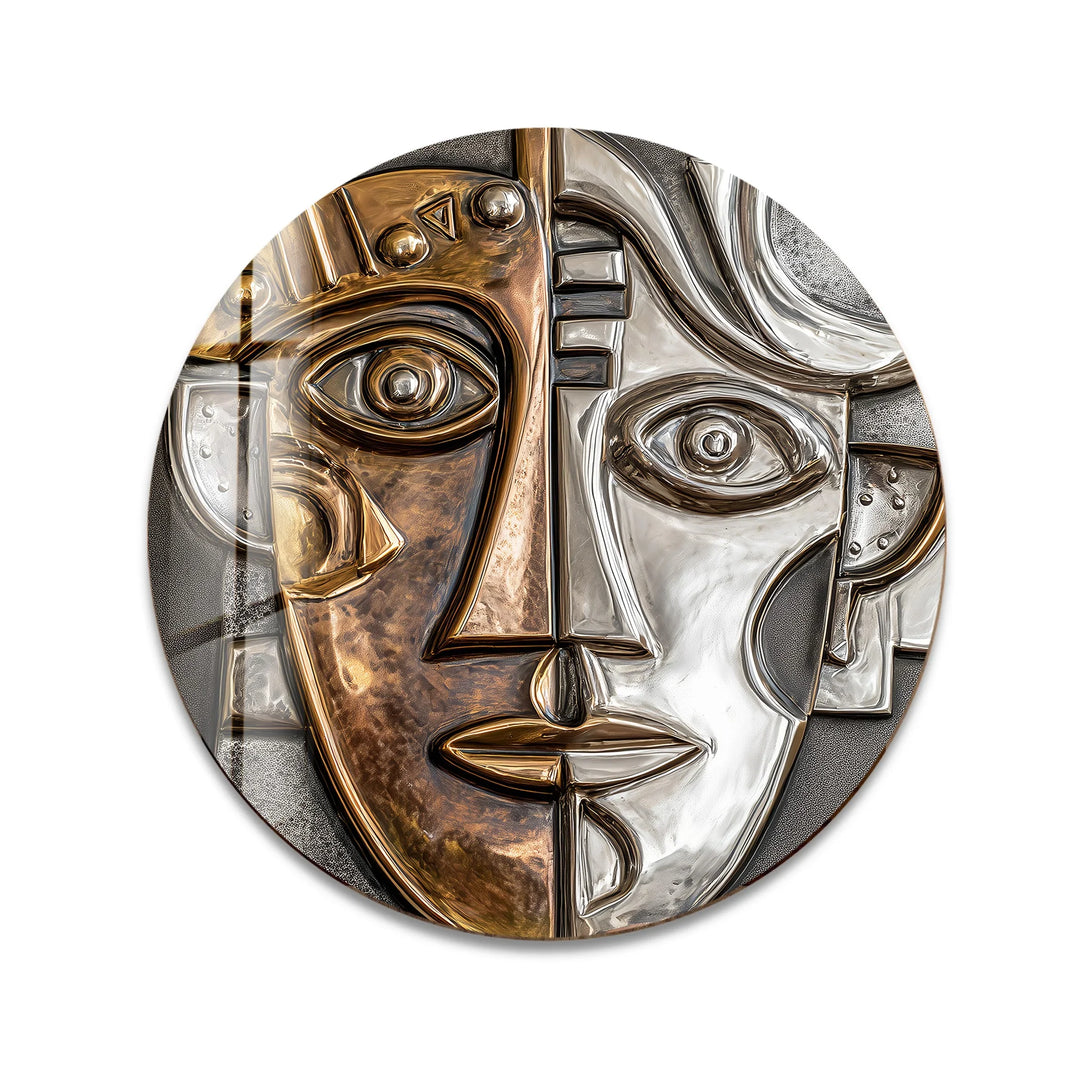 Dual Tone Abstract Face – Metallic Cubist Round Glass Wall Art - MyPhotoStation