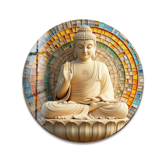 Circular orientation of enlightened serenity Buddha print wall art displayed on a round glass piece with a colorful mosaic background.