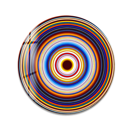 Brightest rings illuminate this round glass decorative wall art featuring concentric circles, a modern wall art piece with a glossy finish and vibrant color.