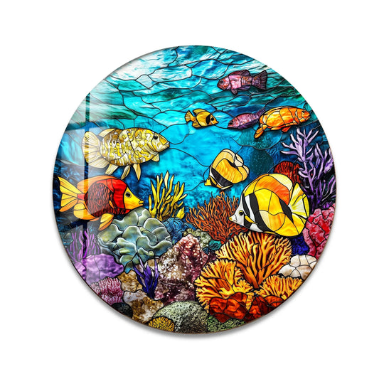 Softly rippling, a blue expanse in this vibrant coral reef scene round glass print wall art depicts an underwater world with colorful tropical fish.