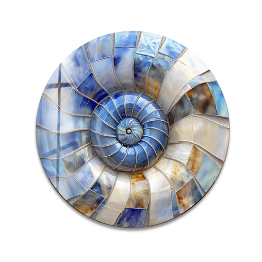 The realistic detail showcased in this coastal nautilus glow round glass wall artwork highlights its swirling mosaic pattern and shimmering shell-inspired hues.