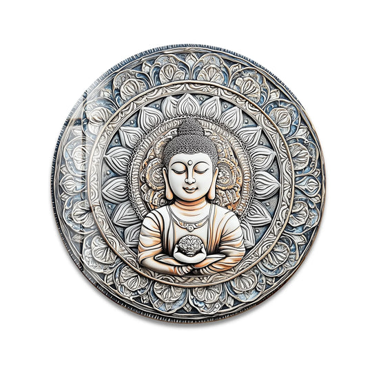 Delicate folds and texture in this Buddha lotus mandala art from glass create an intricate foreground showcasing the serene detail of round glass wall art.