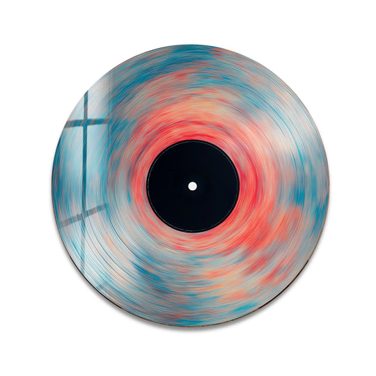Featuring a glossy finish, this round glass wall art showcases a vinyl-inspired abstract swirl in red and blue, making it a stunning piece among wall prints.