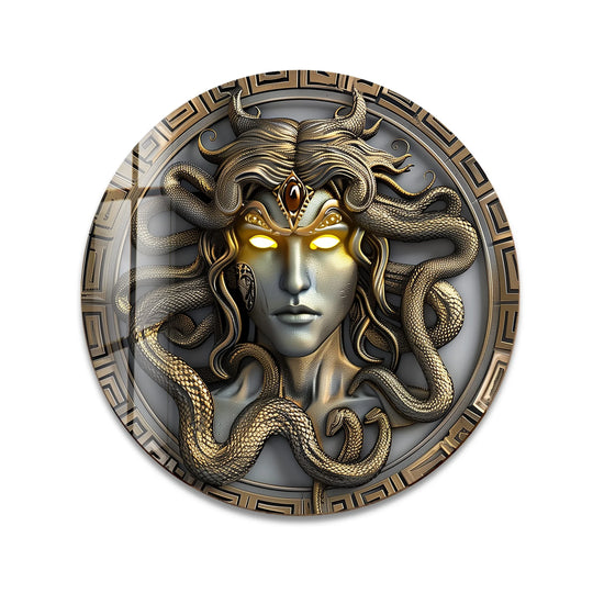 Showcasing the abstract quality, the Gorgon’s Gaze Medusa-inspired round glass wall art presents a captivating wall prints composition through its serpentine textures.
