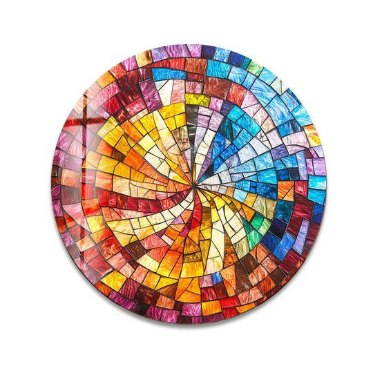 Radiant and energetic, the round glass wall art evokes a vibrant mood through a mesmerizing solar spiral burst design, showcasing print wall art.