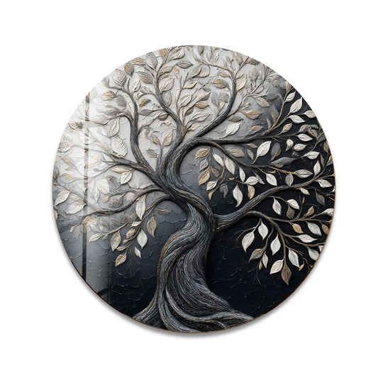 Highlighting the abstract quality, the twilight tree of life round glass wall art presents a captivating study in contrasts suitable for home decoration.