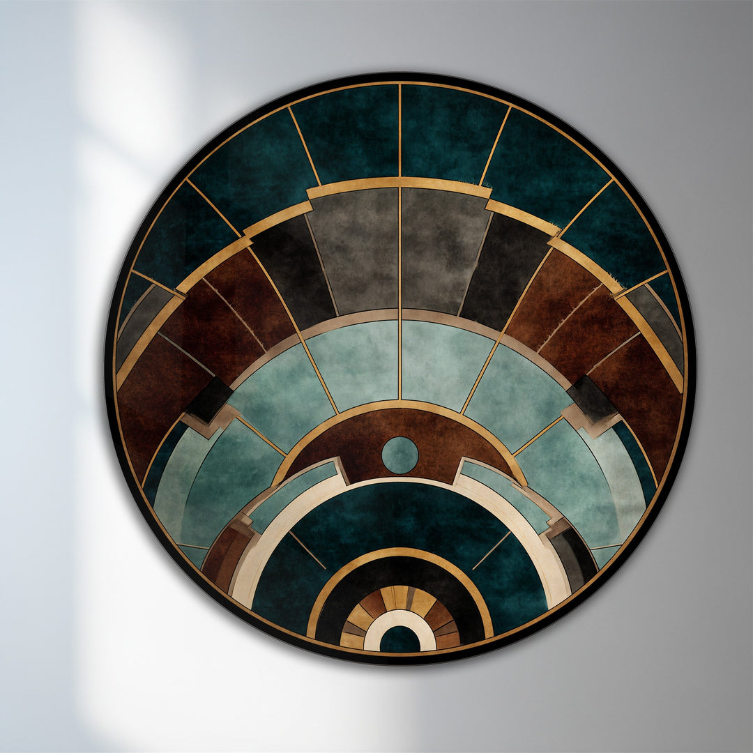 Soft light highlights the gentle gradation of colors in this architectural arcs geometric round wooden oil painting wall art, exemplifying the beauty of oil painting wall art.