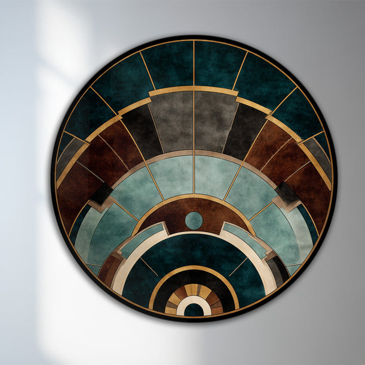 Soft light highlights the gentle gradation of colors in this architectural arcs geometric round wooden oil painting wall art, exemplifying the beauty of oil painting wall art.