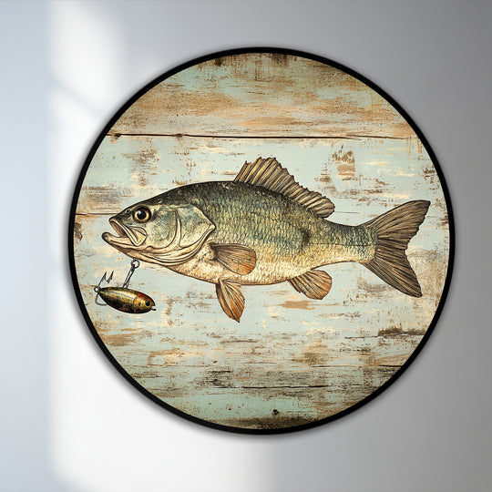 Subdued color saturation enhances the vintage feel of this rustic catch oil painting art prints featuring a bass fish against a weathered wood backdrop.