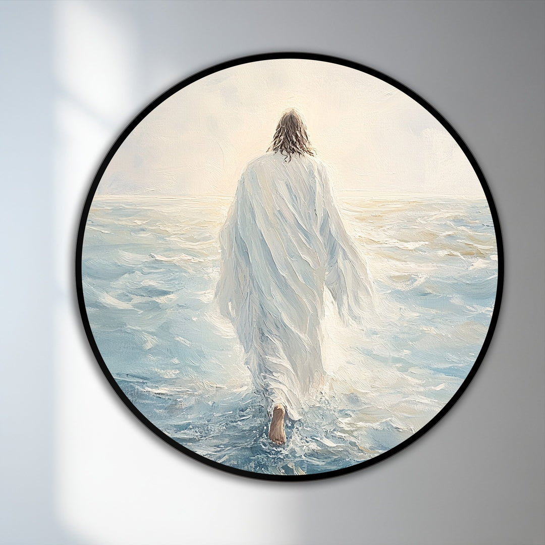 Striking color contrast defines this faith-inspired round oil painting, where a luminous white-robed figure walks upon the cool, muted waters, creating a powerful oil painting wall art piece.