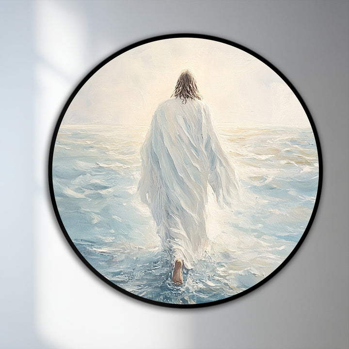 Striking color contrast defines this faith-inspired round oil painting, where a luminous white-robed figure walks upon the cool, muted waters, creating a powerful oil painting wall art piece.