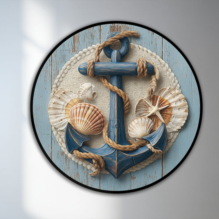 The stillness of the nautical anchor and seashells in this round coastal oil painting wall art captures a calming, serene beauty.