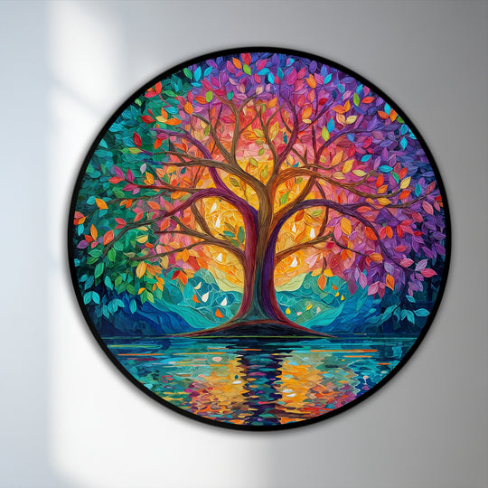 Layering the vibrant colors, the radiant spectrum tree in this round oil painting home decor showcases the artist's skill with abstract form and detailed reflection.
