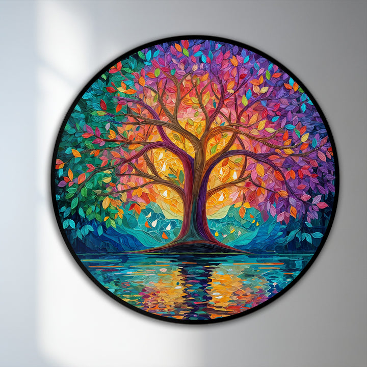 Layering the vibrant colors, the radiant spectrum tree in this round oil painting home decor showcases the artist's skill with abstract form and detailed reflection.