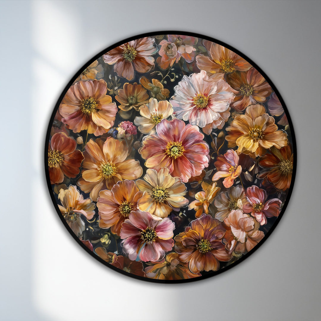 Thick brushstrokes and impasto define the finish of this round oil painting art depicting an autumn bloom symphony of flowers with rich, textured detail.