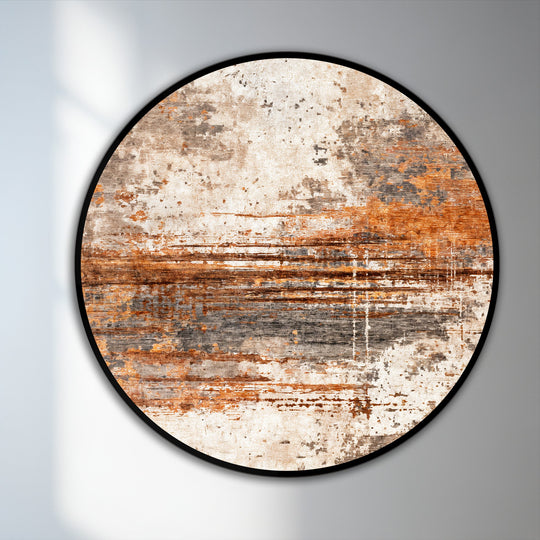 Transitioning hues define this round oil painting wall art, showcasing a textured rust horizon with earthy abstract tones in an exquisite display of color blending.
