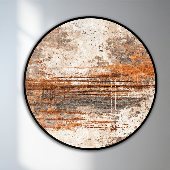 Transitioning hues define this round oil painting wall art, showcasing a textured rust horizon with earthy abstract tones in an exquisite display of color blending.