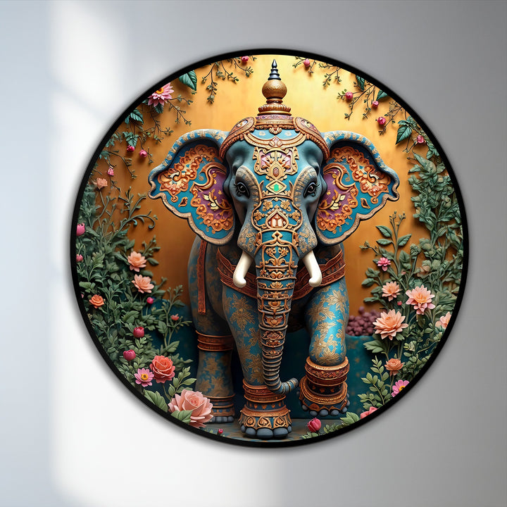 Circular sacred garden majesty floral Ganesha oil painting home decor features a rounded orientation in hues of gold, teal, and pink.