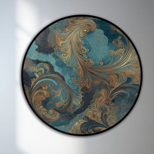 Gilded swirls define the loudest element in this 'Gilded Ocean Whispers' abstract teal round oil painting wall art with elegant filigree details.